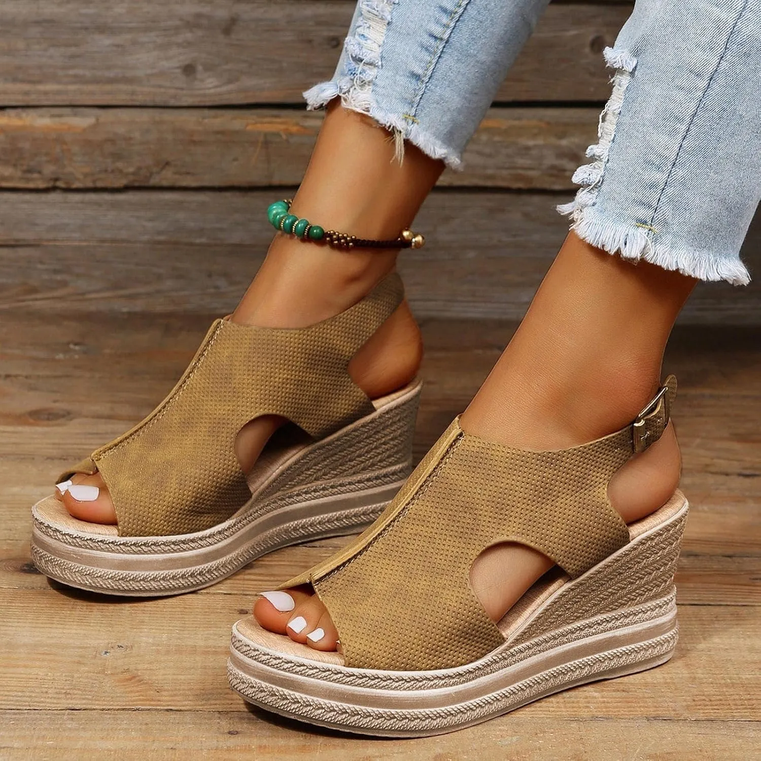 Summer Sandals for Women 2025,Orthopedic Wedge Platform Cork Wedges Sandal Dressy Comfortable Womens Comfy Non Slip-on Ankle Strap Low Heel Leather Ladies Plantar Fasciitis Walking Beach Shoes