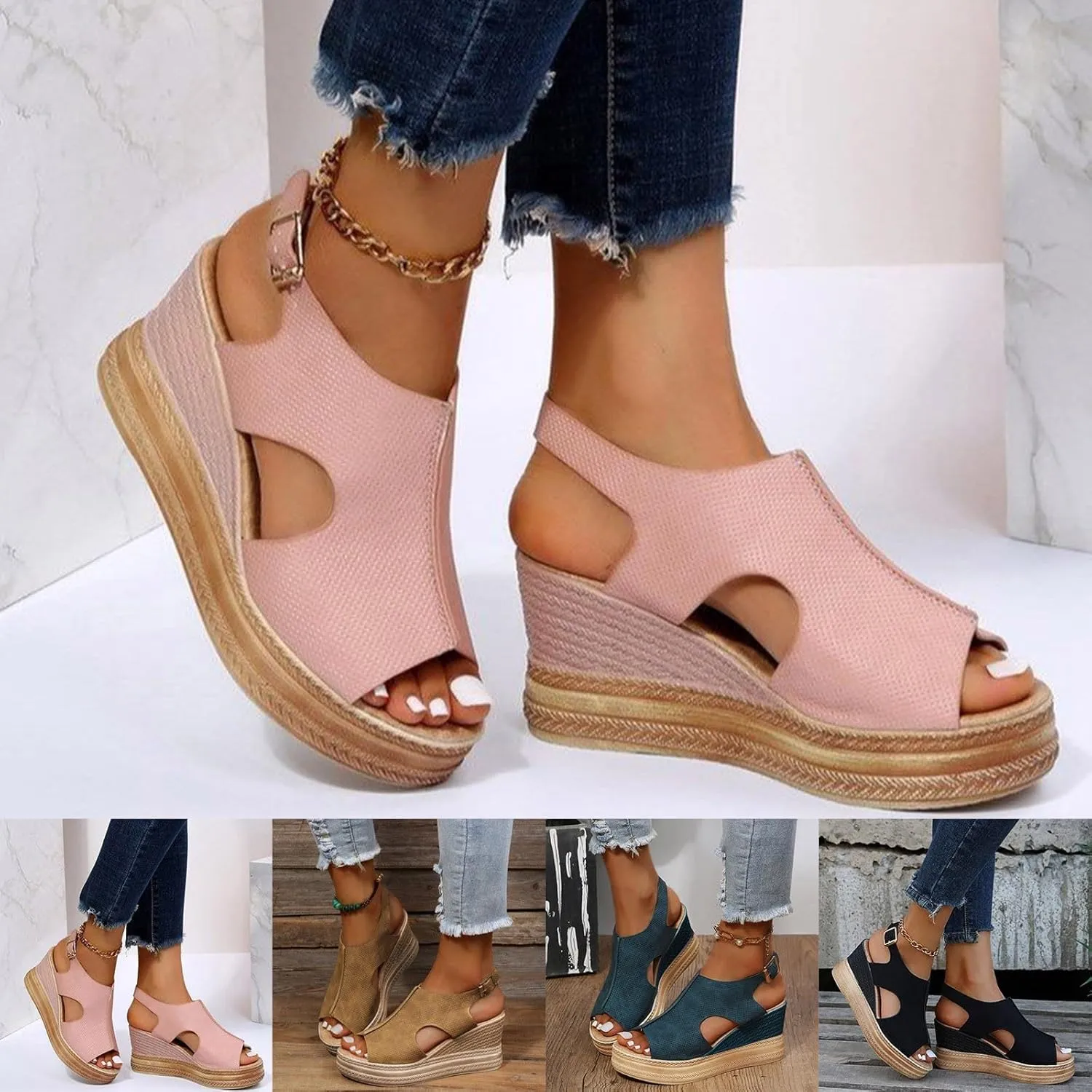 Summer Sandals for Women 2025,Orthopedic Wedge Platform Cork Wedges Sandal Dressy Comfortable Womens Comfy Non Slip-on Ankle Strap Low Heel Leather Ladies Plantar Fasciitis Walking Beach Shoes