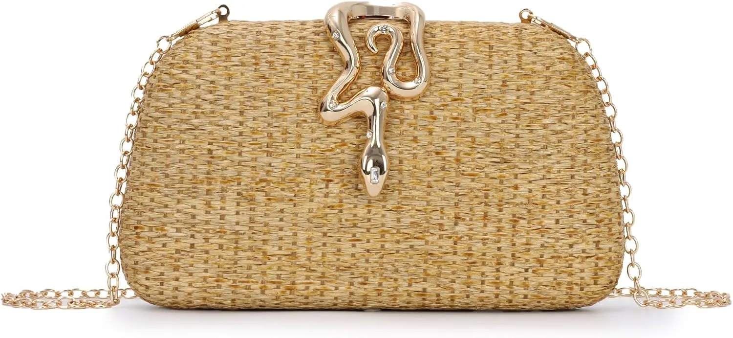 Summer Straw Clutch Purses for Women 2025 Woven Evening Bag Formal with Chain for Party, Wedding and Prom