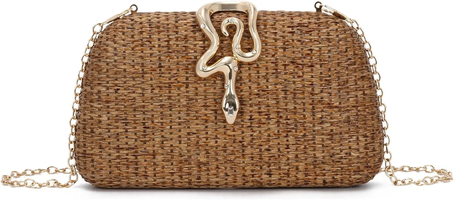 Summer Straw Clutch Purses for Women 2025 Woven Evening Bag Formal with Chain for Party, Wedding and Prom