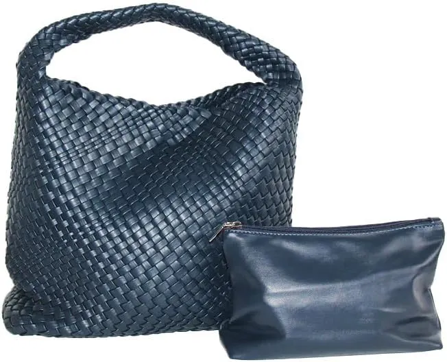 Sydney 13 x 12 Inch Vegan Leather Womens Woven Tote Bag With Matching Clutch, 2 Piece Set