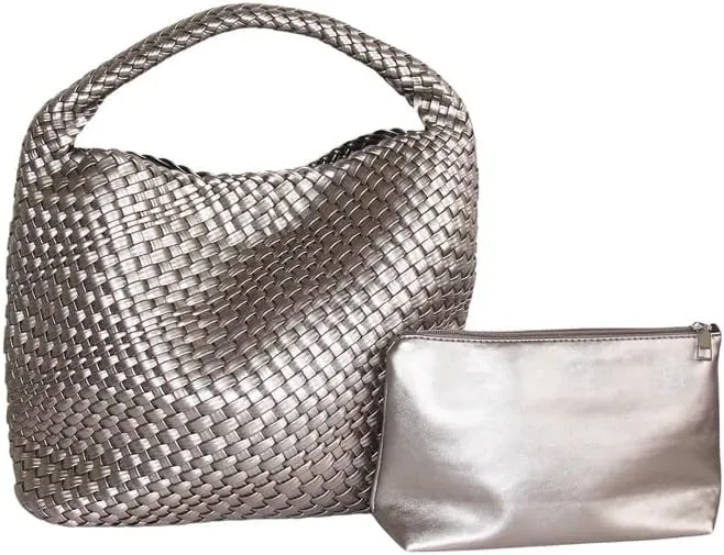 Sydney 13 x 12 Inch Vegan Leather Womens Woven Tote Bag With Matching Clutch, 2 Piece Set