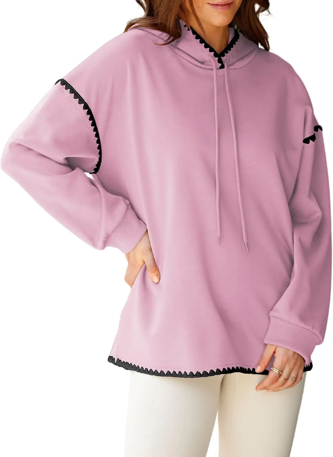Theenkoln Womens Trendy Oversized Hoodie Long Sleeve Drop Shoulder Contrast Color Drawstring Sweatshirt Fall Fahion Pullover