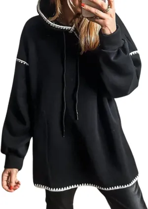 Theenkoln Womens Trendy Oversized Hoodie Long Sleeve Drop Shoulder Contrast Color Drawstring Sweatshirt Fall Fahion Pullover