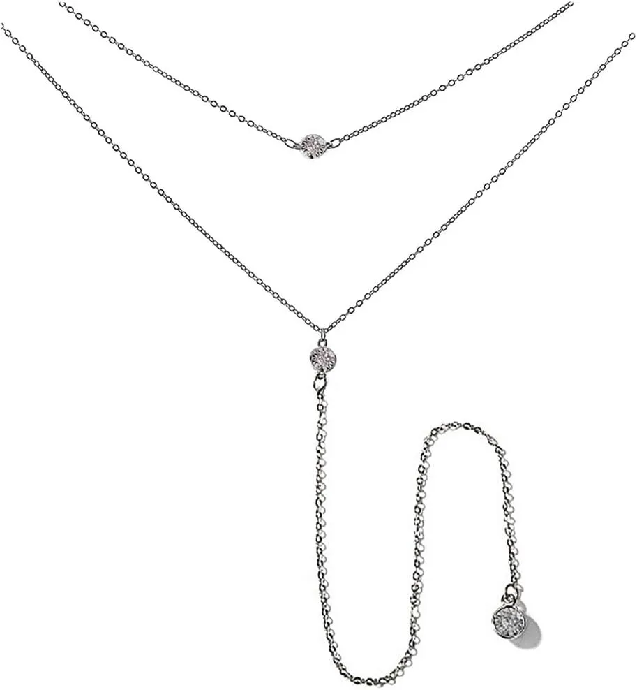 Vintage Double Layer Alloy Crystal Choker Necklace with Long Chain Pendant