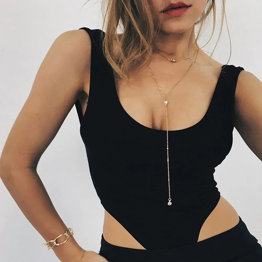 Vintage Double Layer Alloy Crystal Choker Necklace with Long Chain Pendant