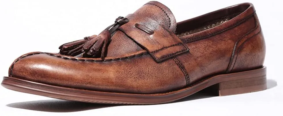 Vintage Tassel Loafers?? Mens Manual Slip-On Urban Walking Moccasin Comfortable Leather Shoes,Brown-43/UK 8.5/US 9