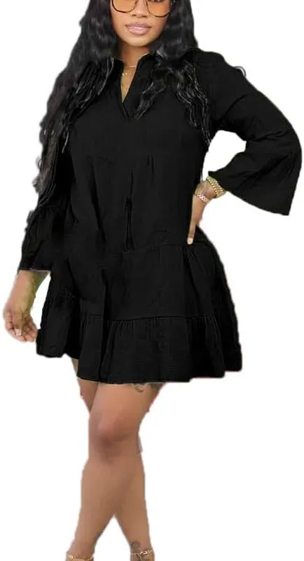 VIVICOLOR Womens Ruffle Hem Babydoll Mini Dress Bell Long Sleeve A-Line Tiered Mini Dress, Small