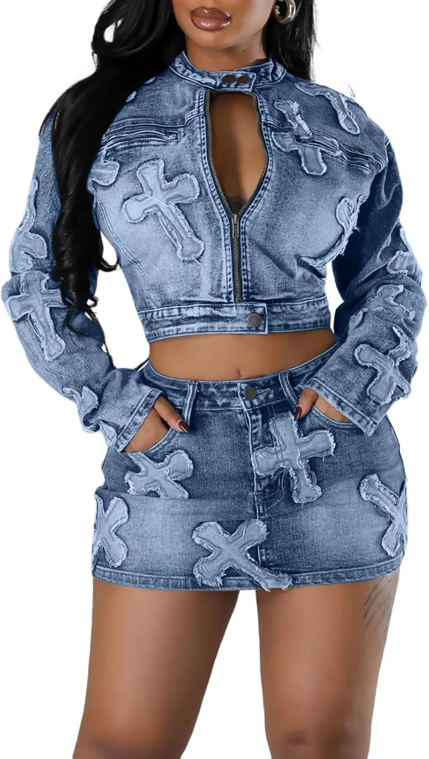 Vssjavun Women 2 Piece Denim Outfit Sexy Long Sleeve Zip Up Jean Jacket Bodycon Mini Skirt Sets