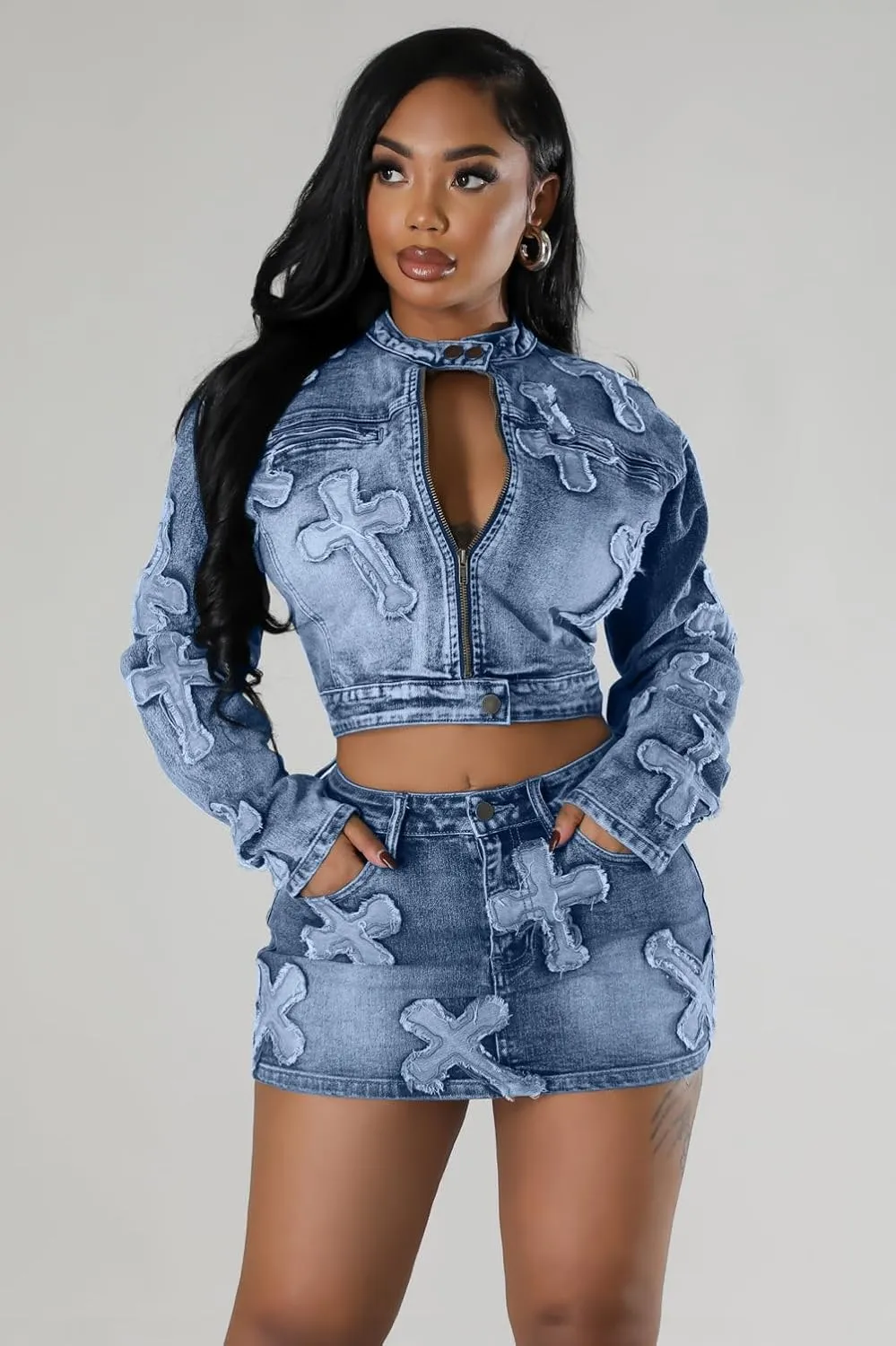 Vssjavun Women 2 Piece Denim Outfit Sexy Long Sleeve Zip Up Jean Jacket Bodycon Mini Skirt Sets