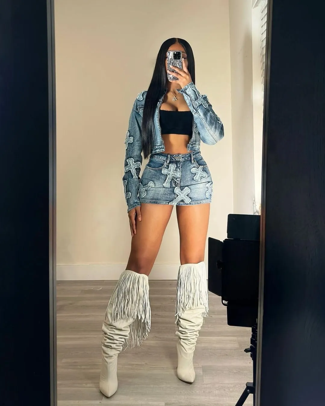 Vssjavun Women 2 Piece Denim Outfit Sexy Long Sleeve Zip Up Jean Jacket Bodycon Mini Skirt Sets