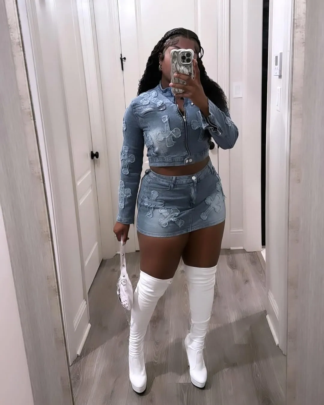 Vssjavun Women 2 Piece Denim Outfit Sexy Long Sleeve Zip Up Jean Jacket Bodycon Mini Skirt Sets