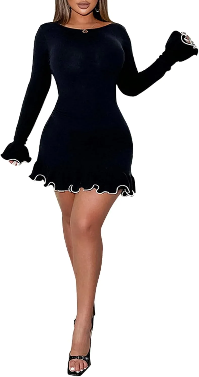 VWIWV Women Sexy Ruffle Bodycon Ribbed Knit Mini Dress Long Sleeve Contrast Color Short Sweater Dress