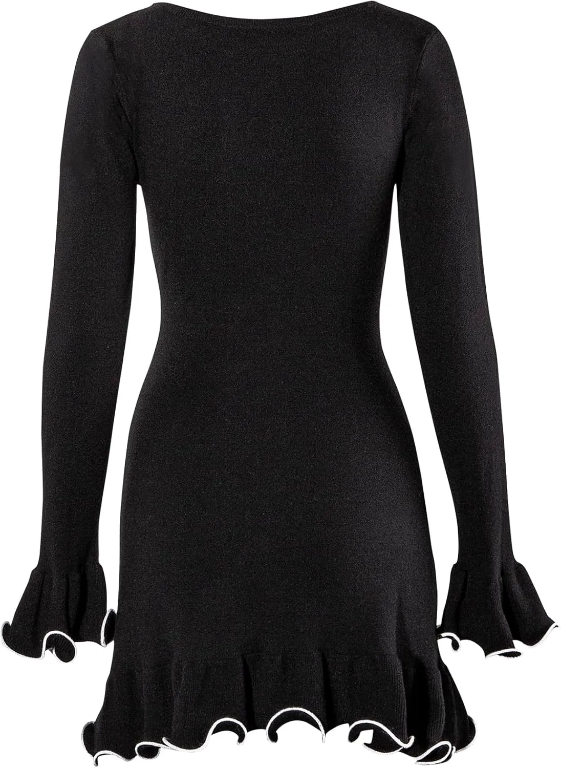 VWIWV Women Sexy Ruffle Bodycon Ribbed Knit Mini Dress Long Sleeve Contrast Color Short Sweater Dress