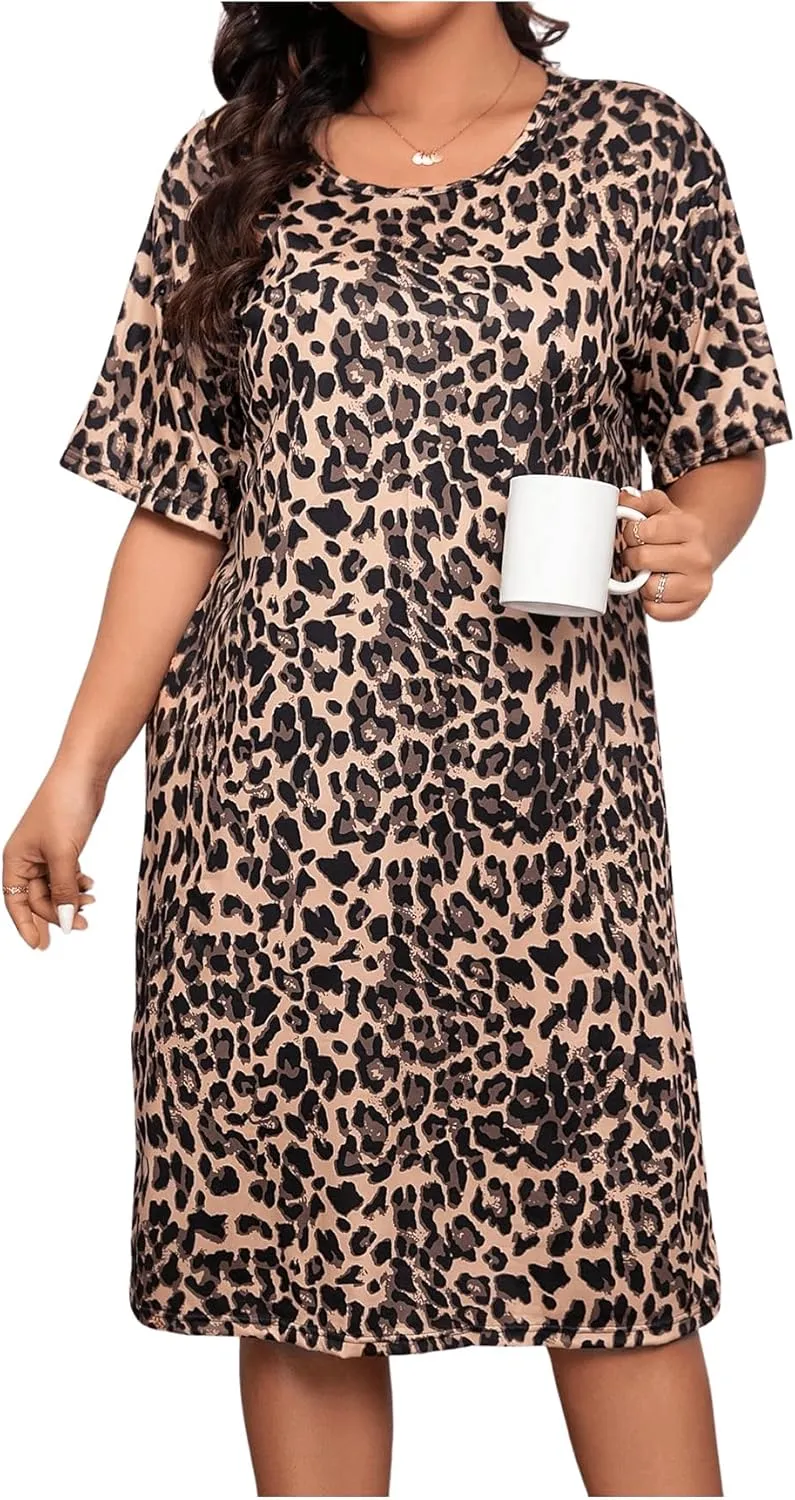 WDIRARA Women's Plus Size Leopard Print Short Sleeve Nightgowns Drop Shoulder Loose Fit Midi Sleepwear Dress