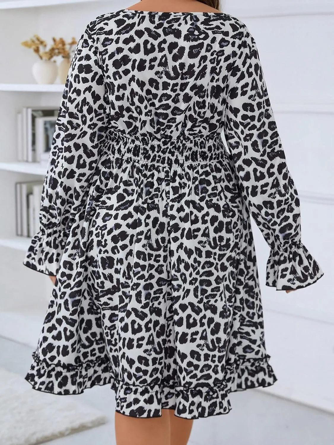 WDIRARA Women's Plus Size Leopard Print Square Neck Flounce Sleeve Ruffle Hem Midi Dress
