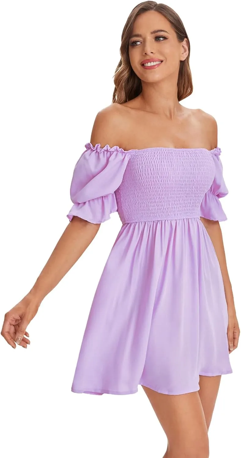 WDIRARA Women's Square Neck Flounce Short Sleeve Shirred Ruffle Hem Dress
