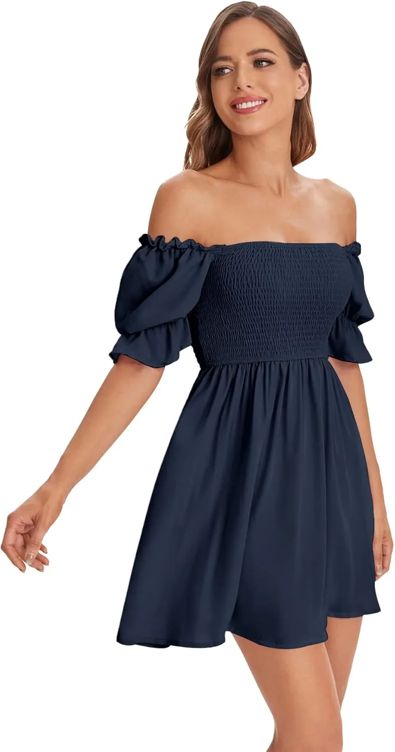 WDIRARA Women's Square Neck Flounce Short Sleeve Shirred Ruffle Hem Dress