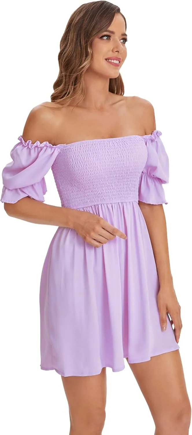 WDIRARA Women's Square Neck Flounce Short Sleeve Shirred Ruffle Hem Dress