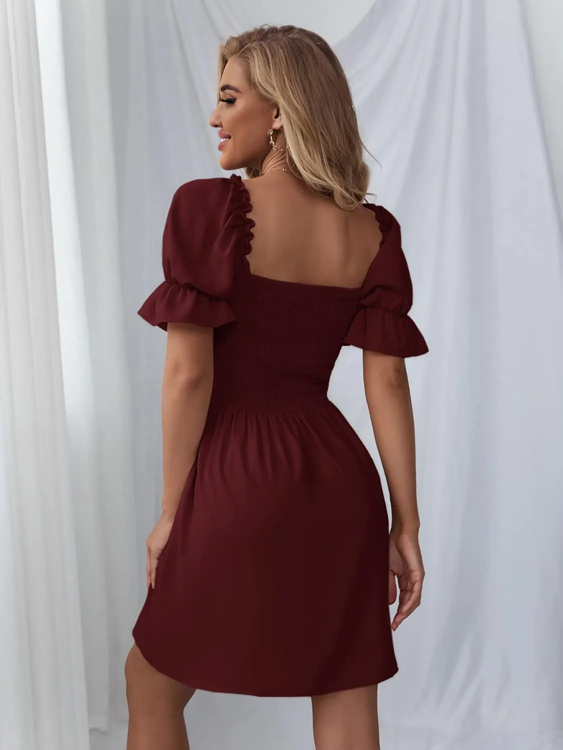 WDIRARA Women's Square Neck Flounce Short Sleeve Shirred Ruffle Hem Dress