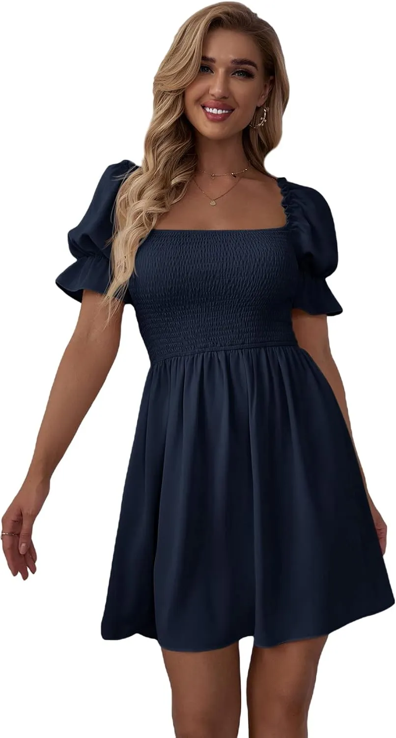 WDIRARA Women's Square Neck Flounce Short Sleeve Shirred Ruffle Hem Dress