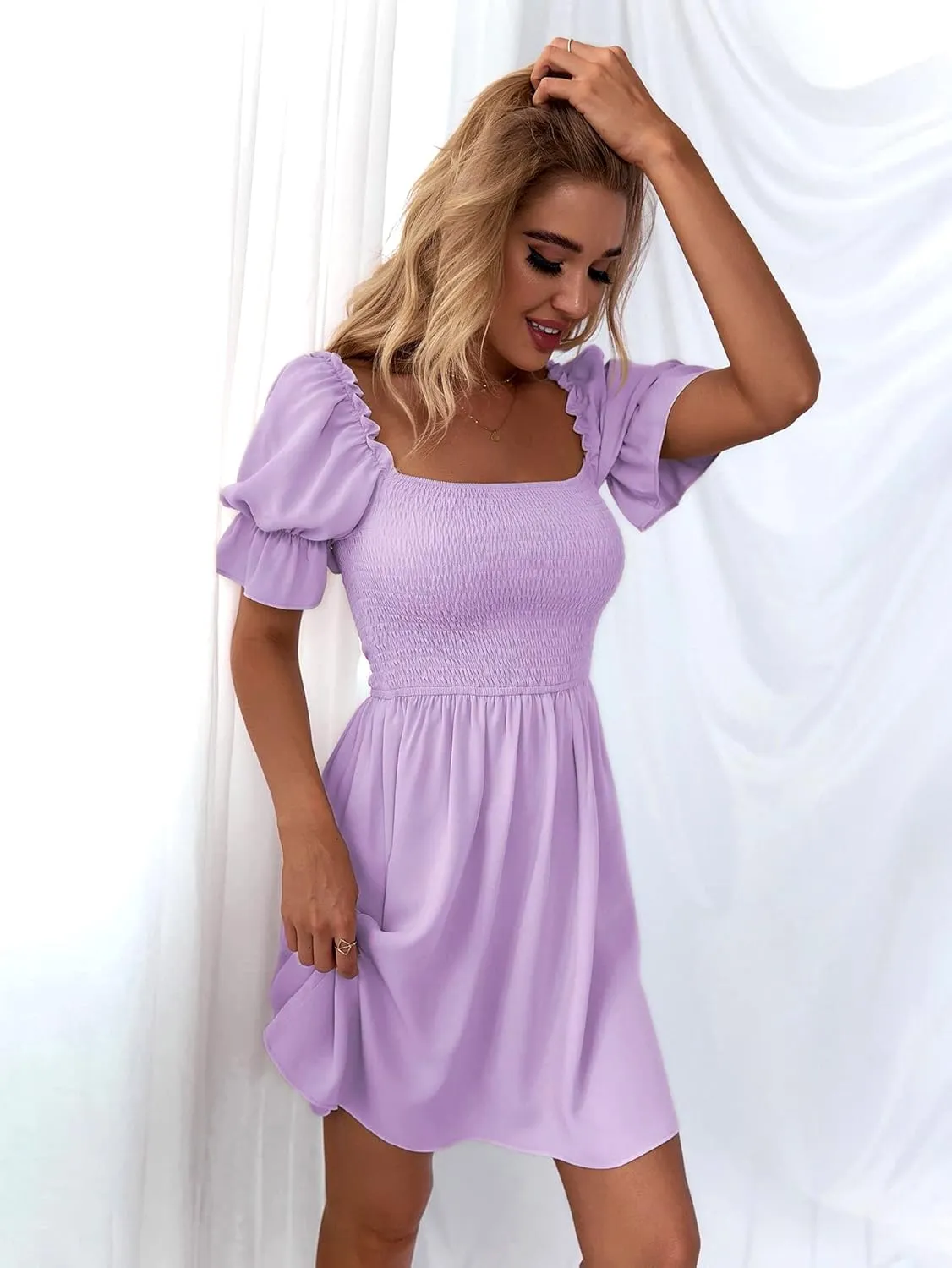 WDIRARA Women's Square Neck Flounce Short Sleeve Shirred Ruffle Hem Dress