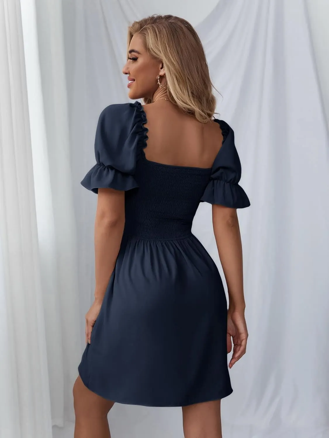 WDIRARA Women's Square Neck Flounce Short Sleeve Shirred Ruffle Hem Dress