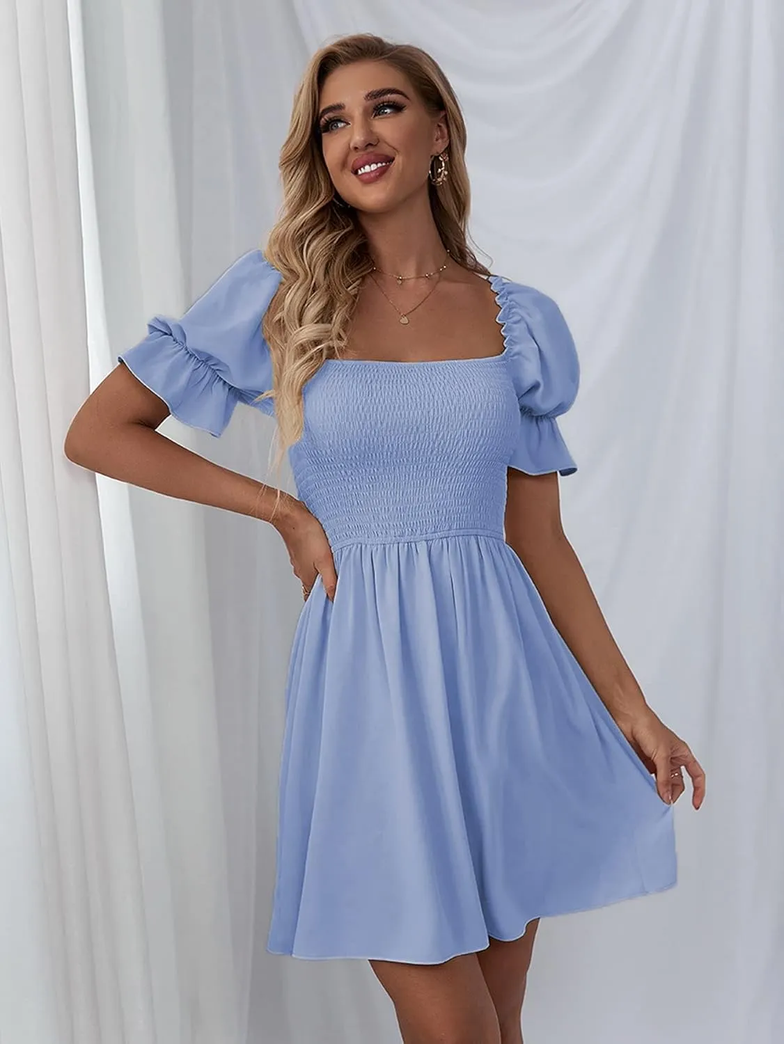 WDIRARA Women's Square Neck Flounce Short Sleeve Shirred Ruffle Hem Dress