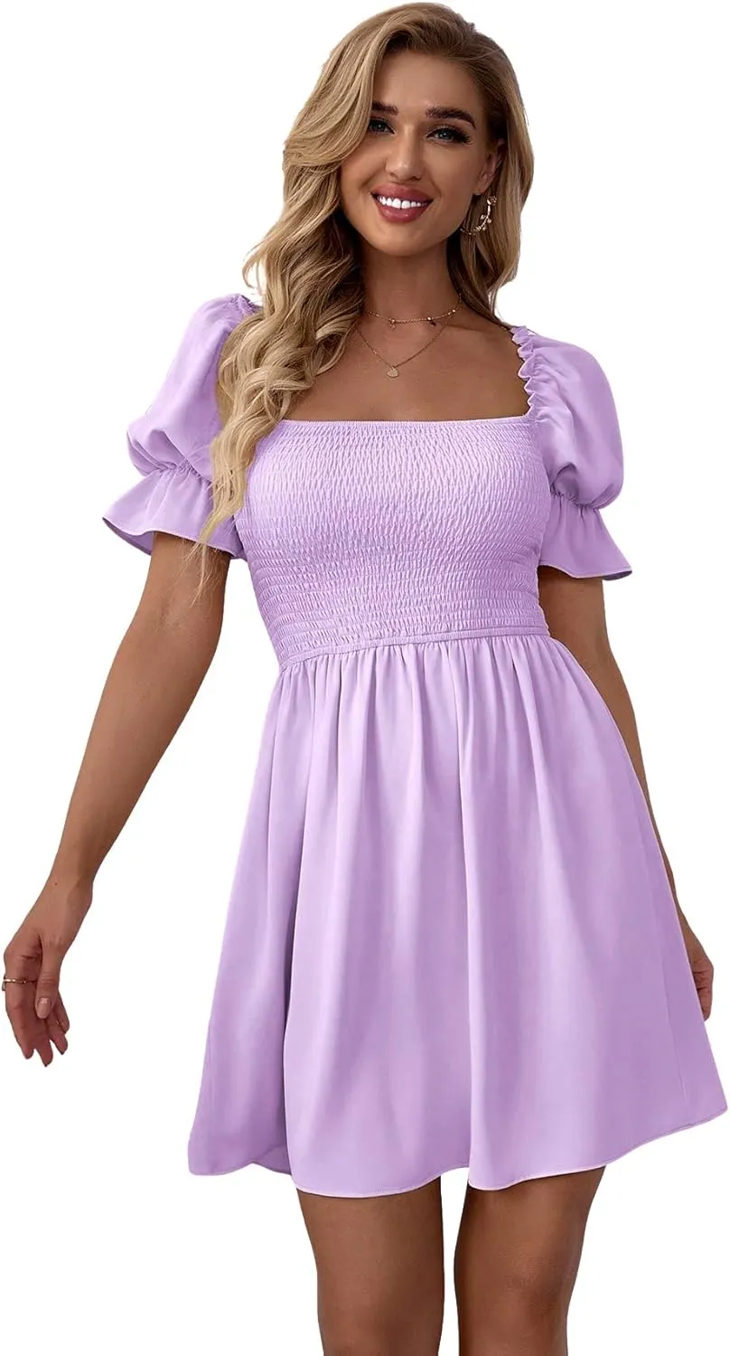 WDIRARA Women's Square Neck Flounce Short Sleeve Shirred Ruffle Hem Dress