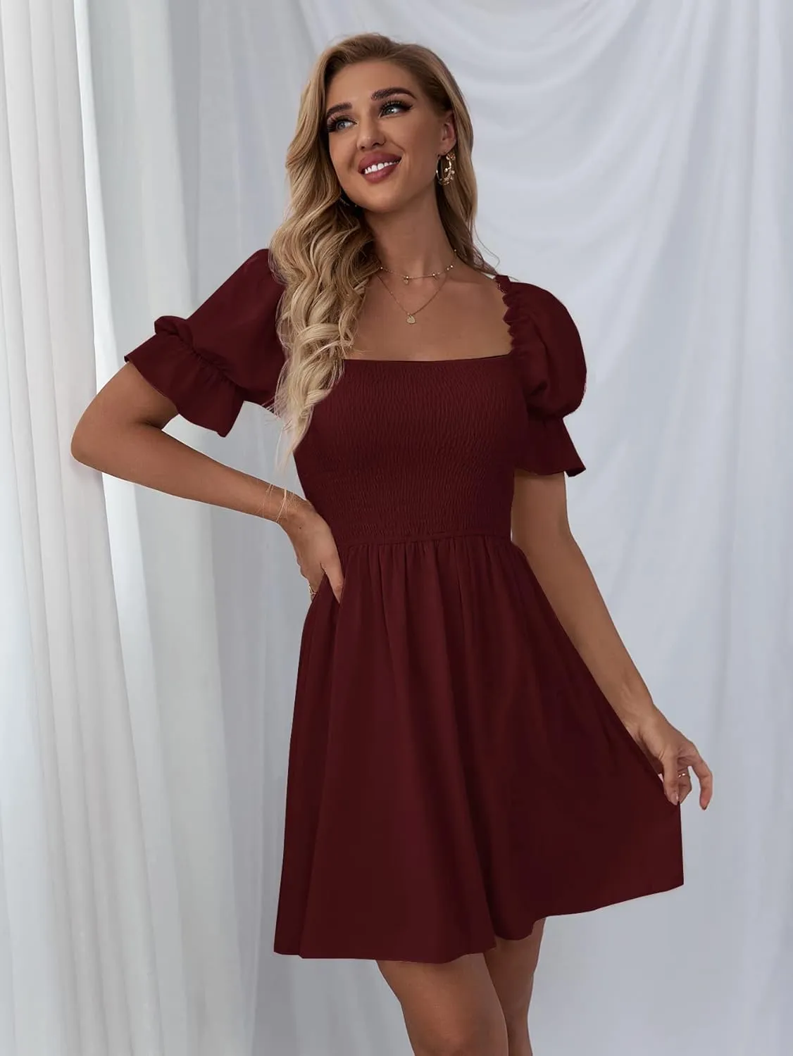 WDIRARA Women's Square Neck Flounce Short Sleeve Shirred Ruffle Hem Dress