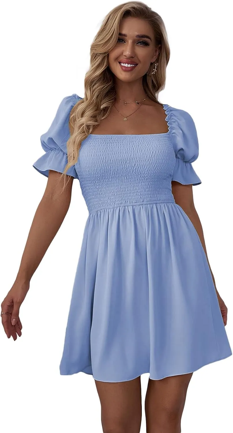 WDIRARA Women's Square Neck Flounce Short Sleeve Shirred Ruffle Hem Dress