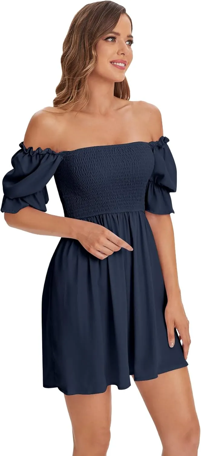 WDIRARA Women's Square Neck Flounce Short Sleeve Shirred Ruffle Hem Dress