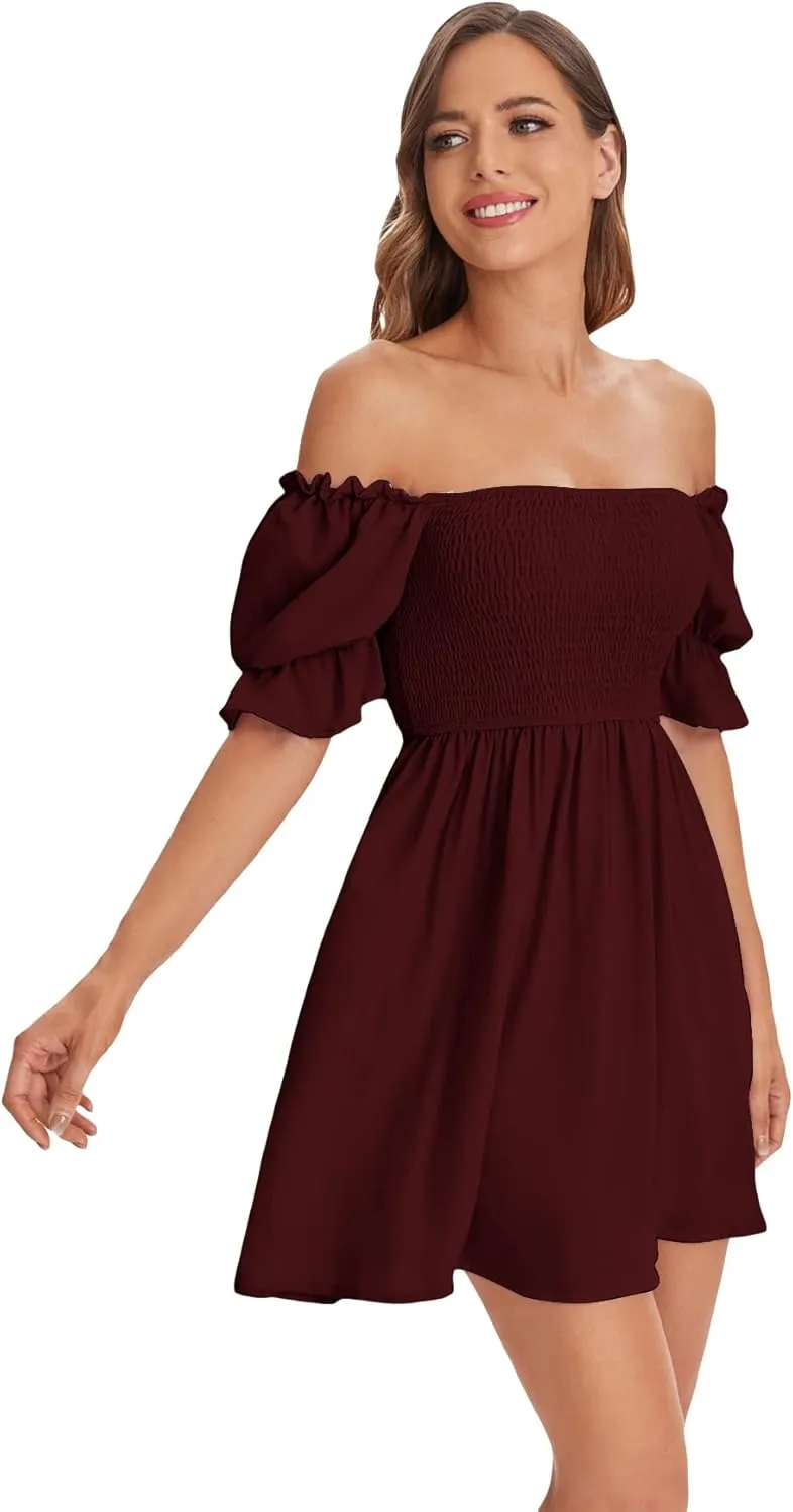 WDIRARA Women's Square Neck Flounce Short Sleeve Shirred Ruffle Hem Dress