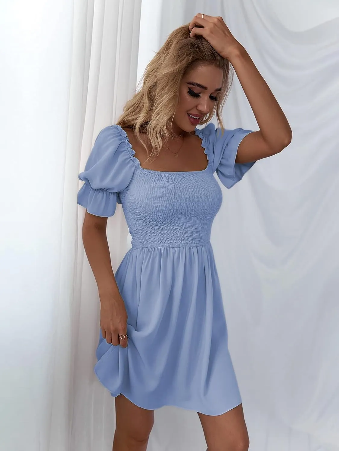 WDIRARA Women's Square Neck Flounce Short Sleeve Shirred Ruffle Hem Dress