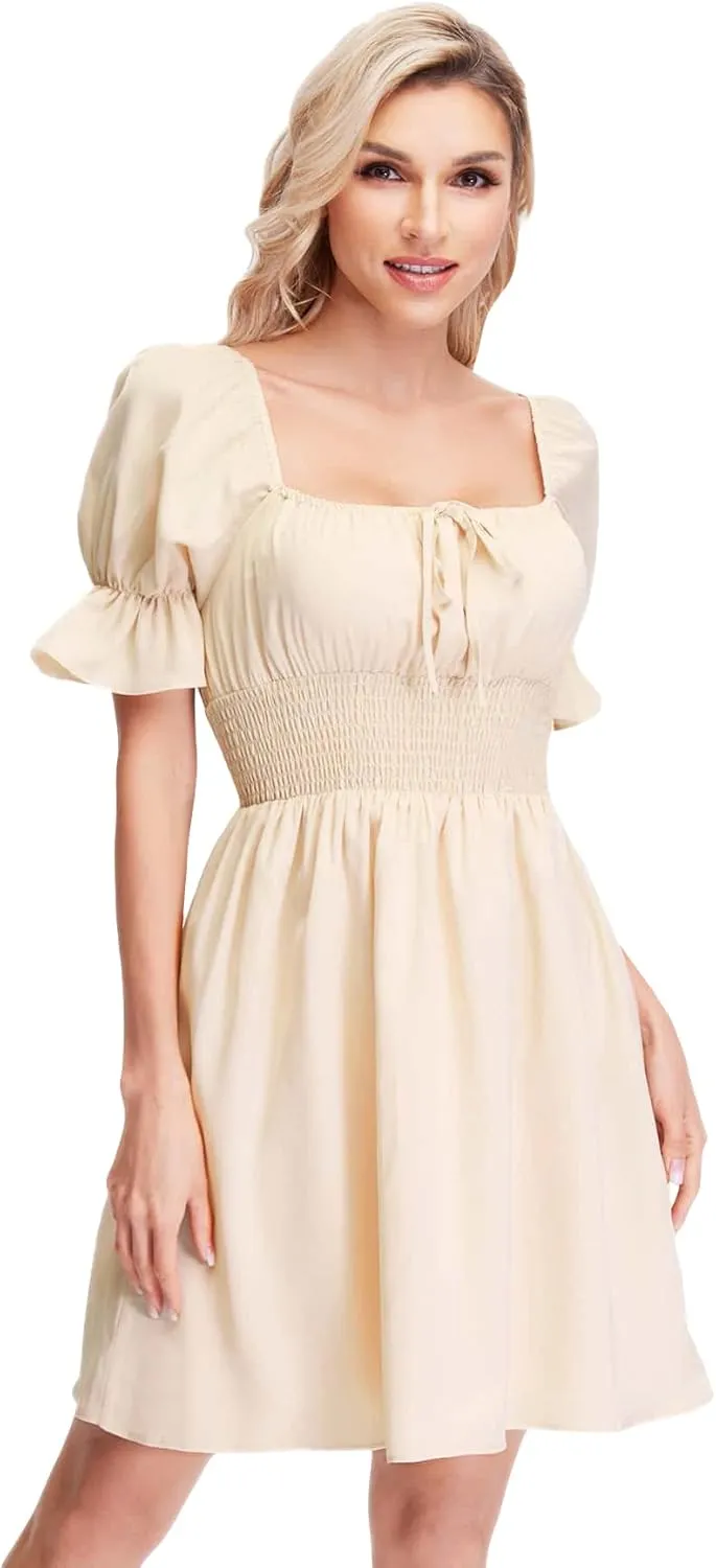 WDIRARA Women's Square Neck Short Sleeve Smocked Waist Ruffle Hem Summer Mini Dress
