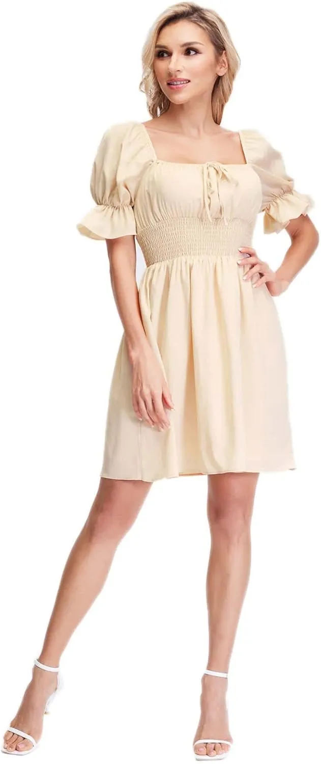 WDIRARA Women's Square Neck Short Sleeve Smocked Waist Ruffle Hem Summer Mini Dress