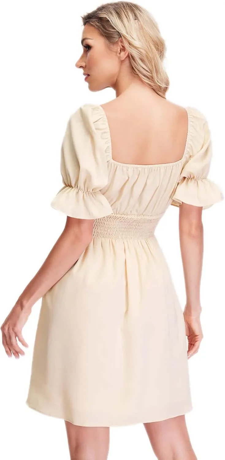 WDIRARA Women's Square Neck Short Sleeve Smocked Waist Ruffle Hem Summer Mini Dress