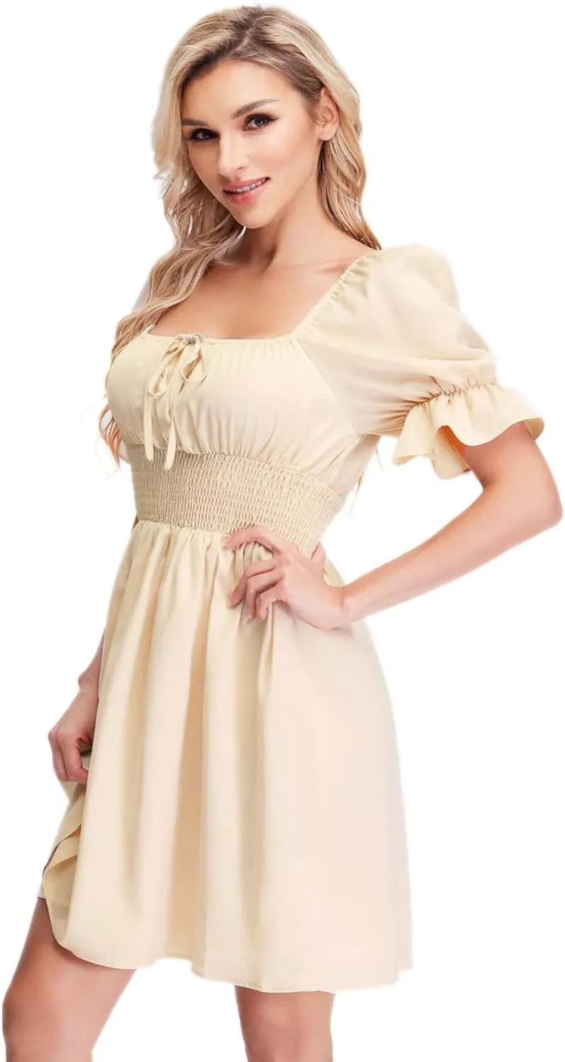 WDIRARA Women's Square Neck Short Sleeve Smocked Waist Ruffle Hem Summer Mini Dress