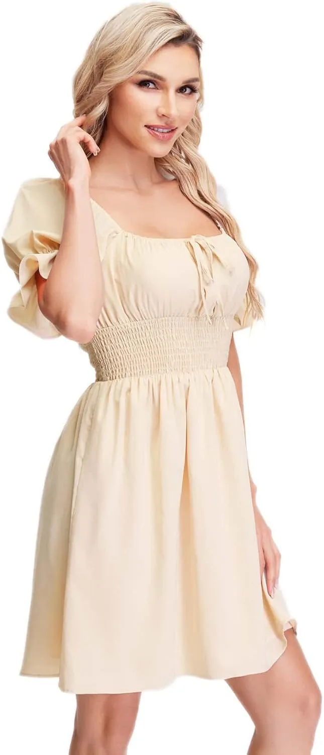 WDIRARA Women's Square Neck Short Sleeve Smocked Waist Ruffle Hem Summer Mini Dress