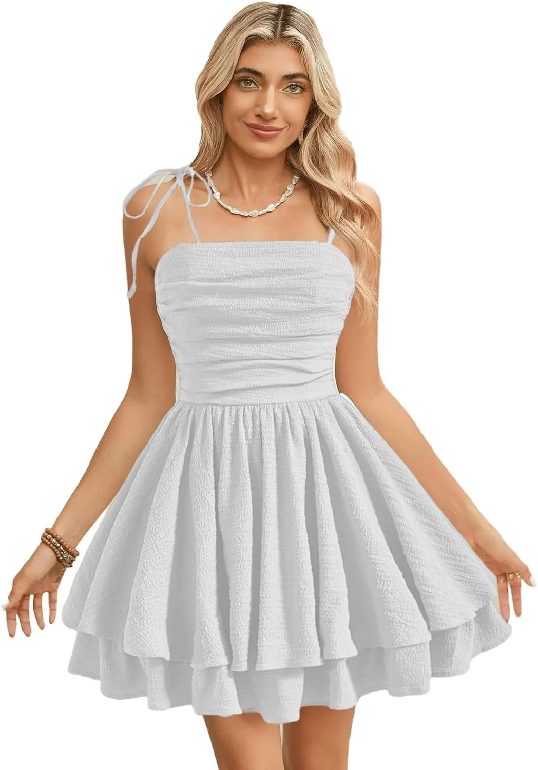 WDIRARA Women's Tie Shoulder Ruched Sleeveless Shirred Layered Ruffle Hem Cocktail Party Cami Dress