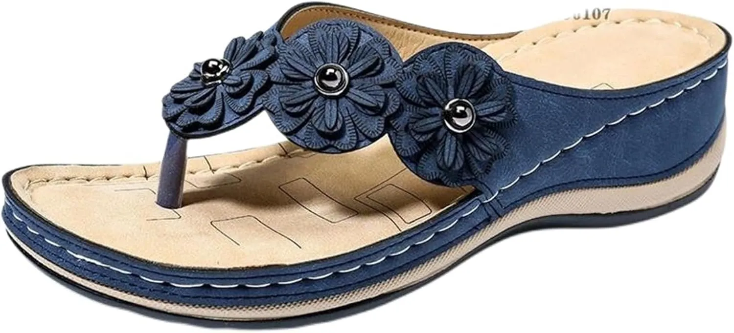 Wedge Sandals for Women 2025 Orthopedic Sandals Open Toe Thong Slippers Outdoor Flip Flops Low Wedge Dress Shoes Comfort Wear Orthowear Shoes Casual Vacation Walking Sandal Flower Decoration Slippers