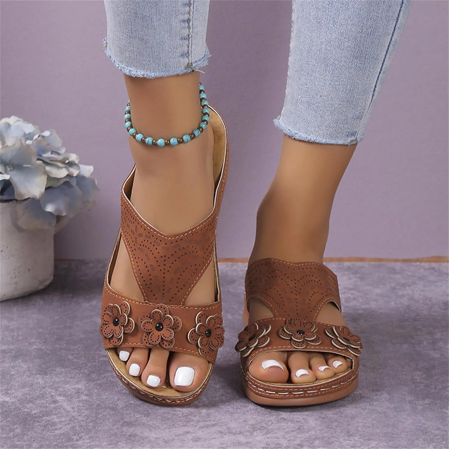 Wedge Sandals for Women 2025 Summer Arch Support Orthopedic Slippers, Hollow Breathable Holes Flowers Sandals Fish Mouth Open Toe Slippers Beach Casual Walking Slipper