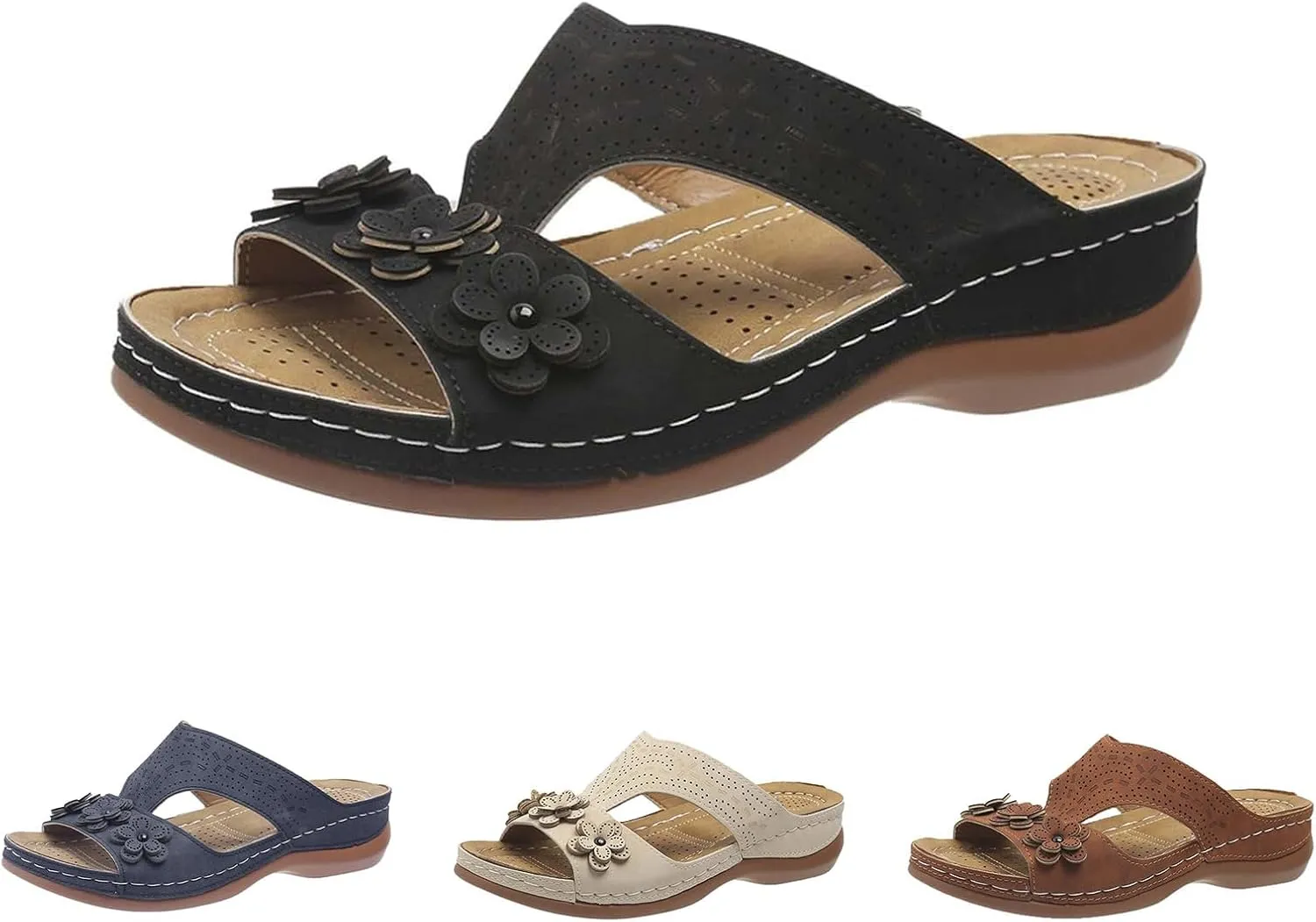 Wedge Sandals for Women 2025 Summer Arch Support Orthopedic Slippers, Hollow Breathable Holes Flowers Sandals Fish Mouth Open Toe Slippers Beach Casual Walking Slipper