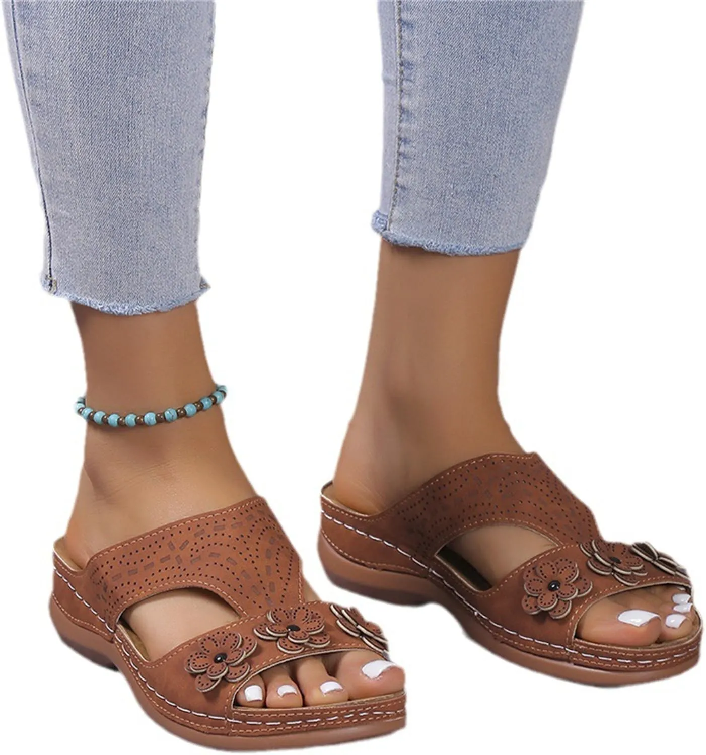 Wedge Sandals for Women 2025 Summer Arch Support Orthopedic Slippers, Hollow Breathable Holes Flowers Sandals Fish Mouth Open Toe Slippers Beach Casual Walking Slipper