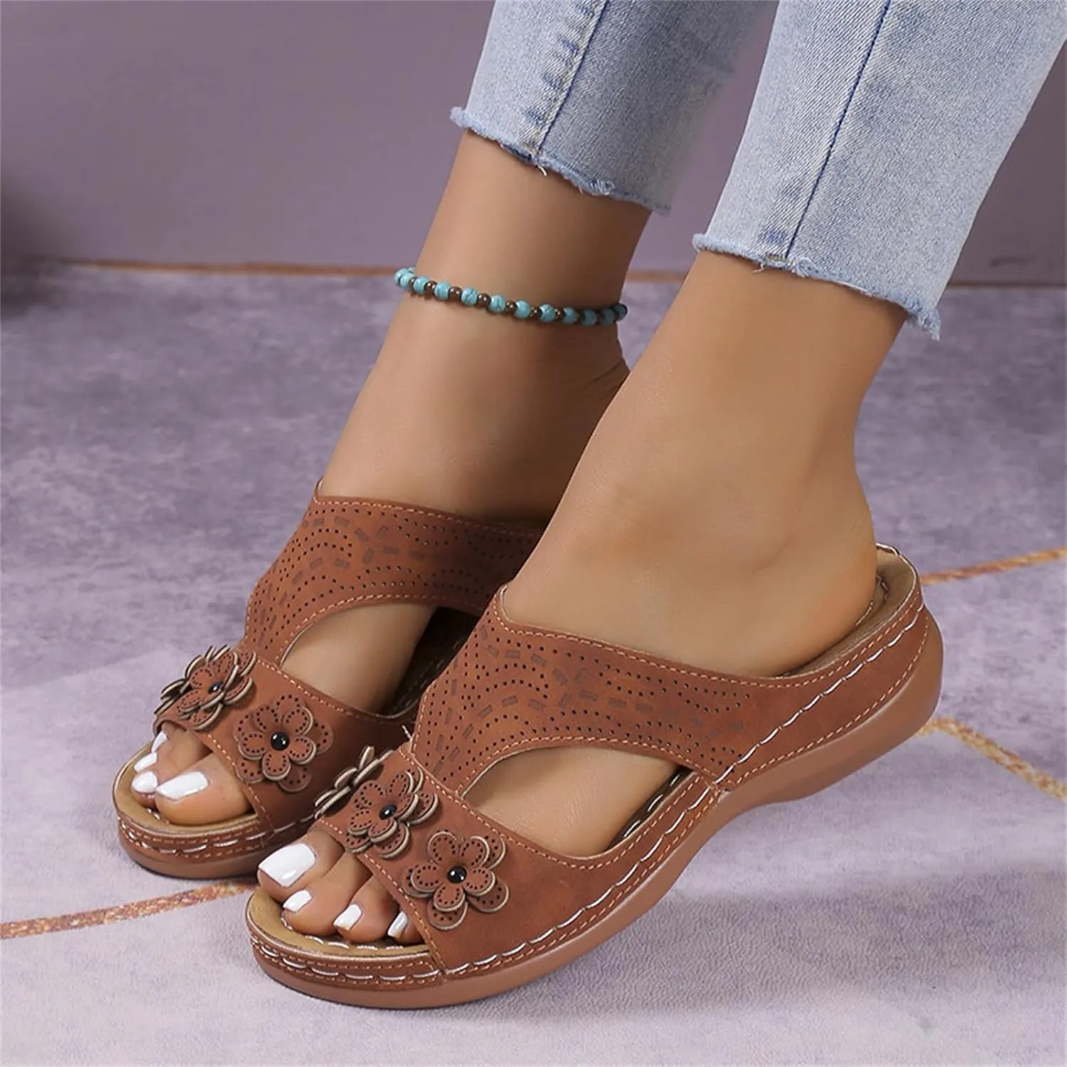 Wedge Sandals for Women 2025 Summer Arch Support Orthopedic Slippers, Hollow Breathable Holes Flowers Sandals Fish Mouth Open Toe Slippers Beach Casual Walking Slipper