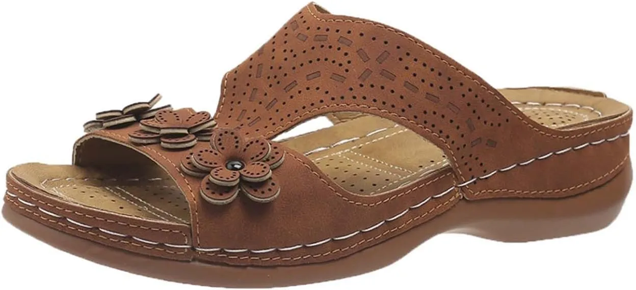 Wedge Sandals for Women 2025 Summer Arch Support Orthopedic Slippers, Hollow Breathable Holes Flowers Sandals Fish Mouth Open Toe Slippers Beach Casual Walking Slipper
