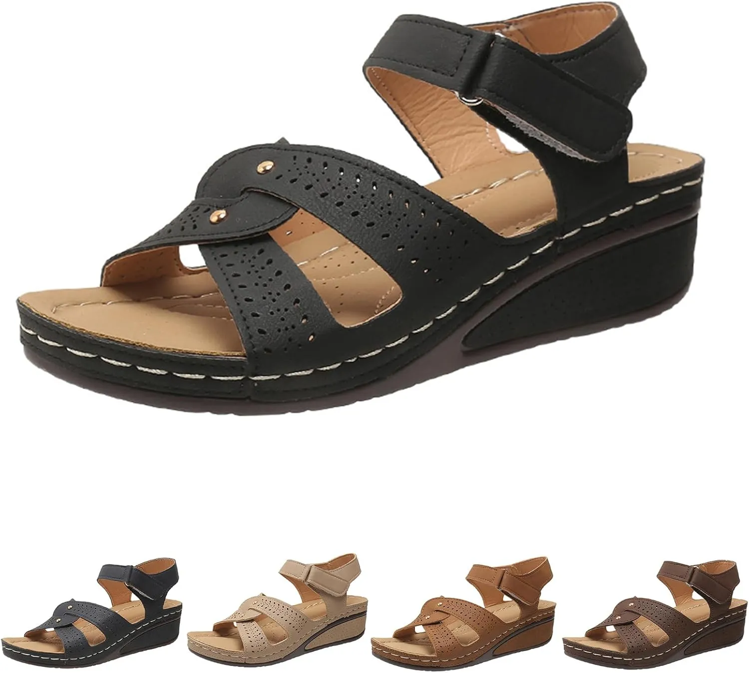 Wedges Sandals for Women Low Heel Wedges Open Toe Ankle Strap Roman Sandal Adjustable Arch Support Non Slip Shoes Beach Walking Shoes Lightweight, Breathable, Comfortable 2025 Dressy