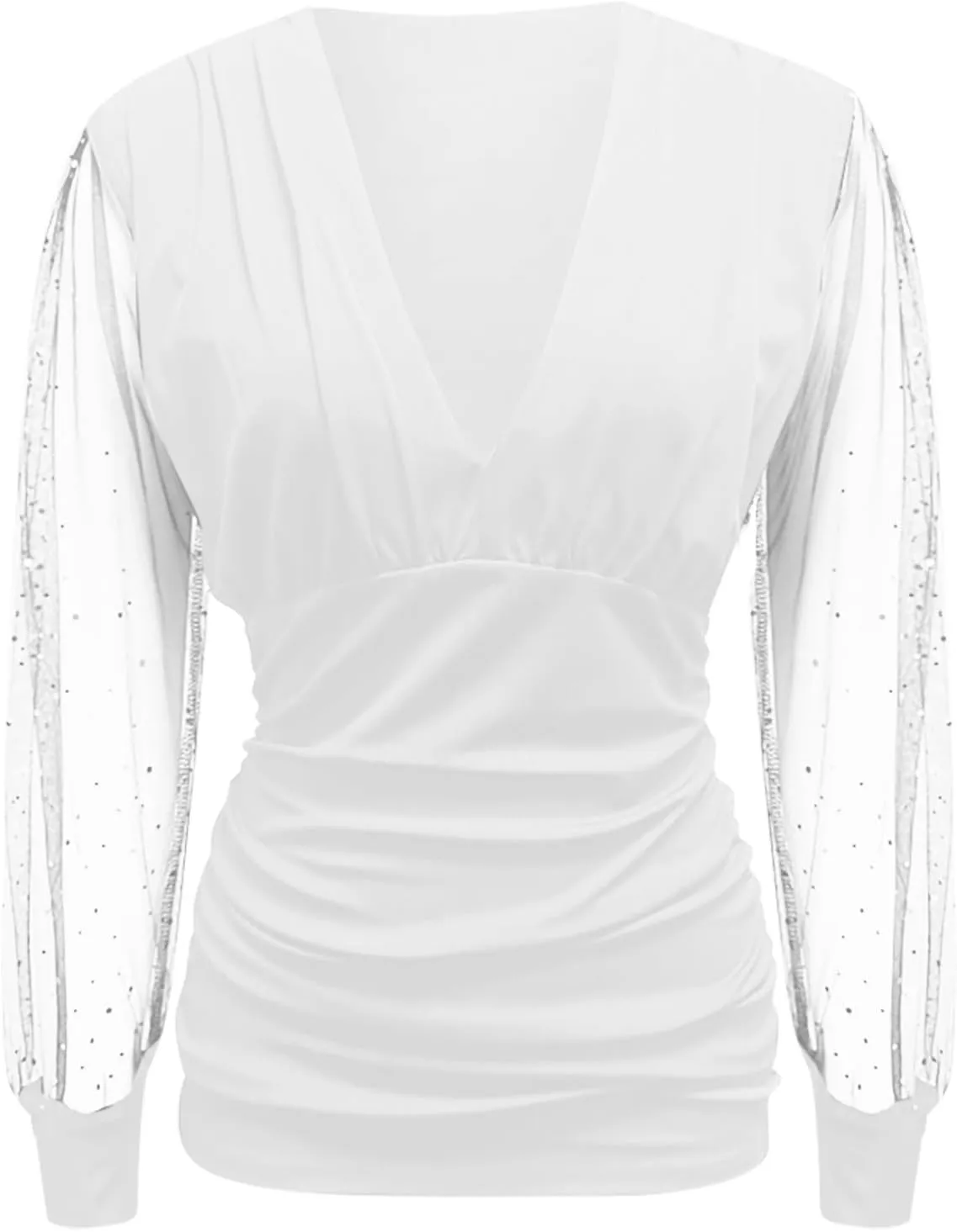 Women Deep V Neck Tops Slim Fit Puff Long Sleeve Elastic Waist Ruched Wrap Low Cut Blouse Shirt Crop Top