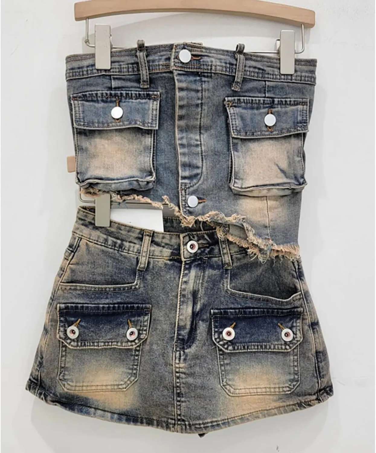 Women Denim Irregular Short Strapless Camisole High Waist Vintage Pockets Slim Mini Skirts Summer