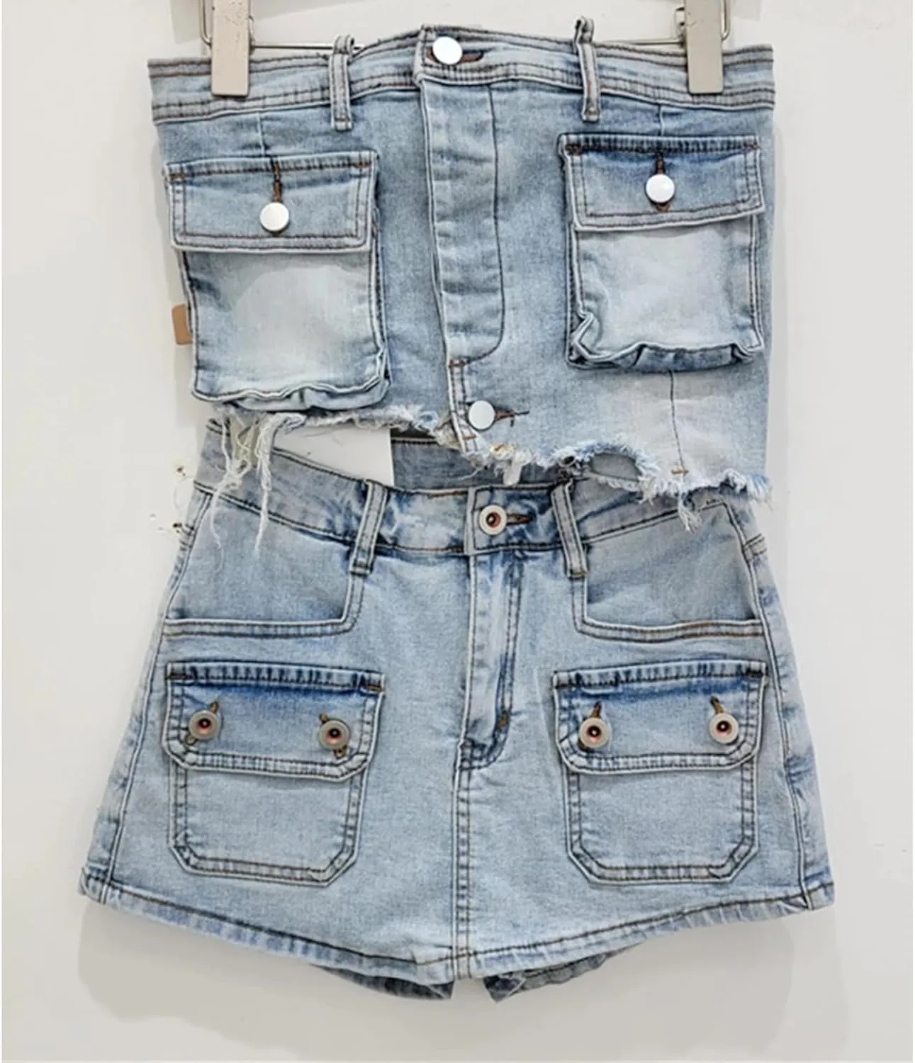 Women Denim Irregular Short Strapless Camisole High Waist Vintage Pockets Slim Mini Skirts Summer